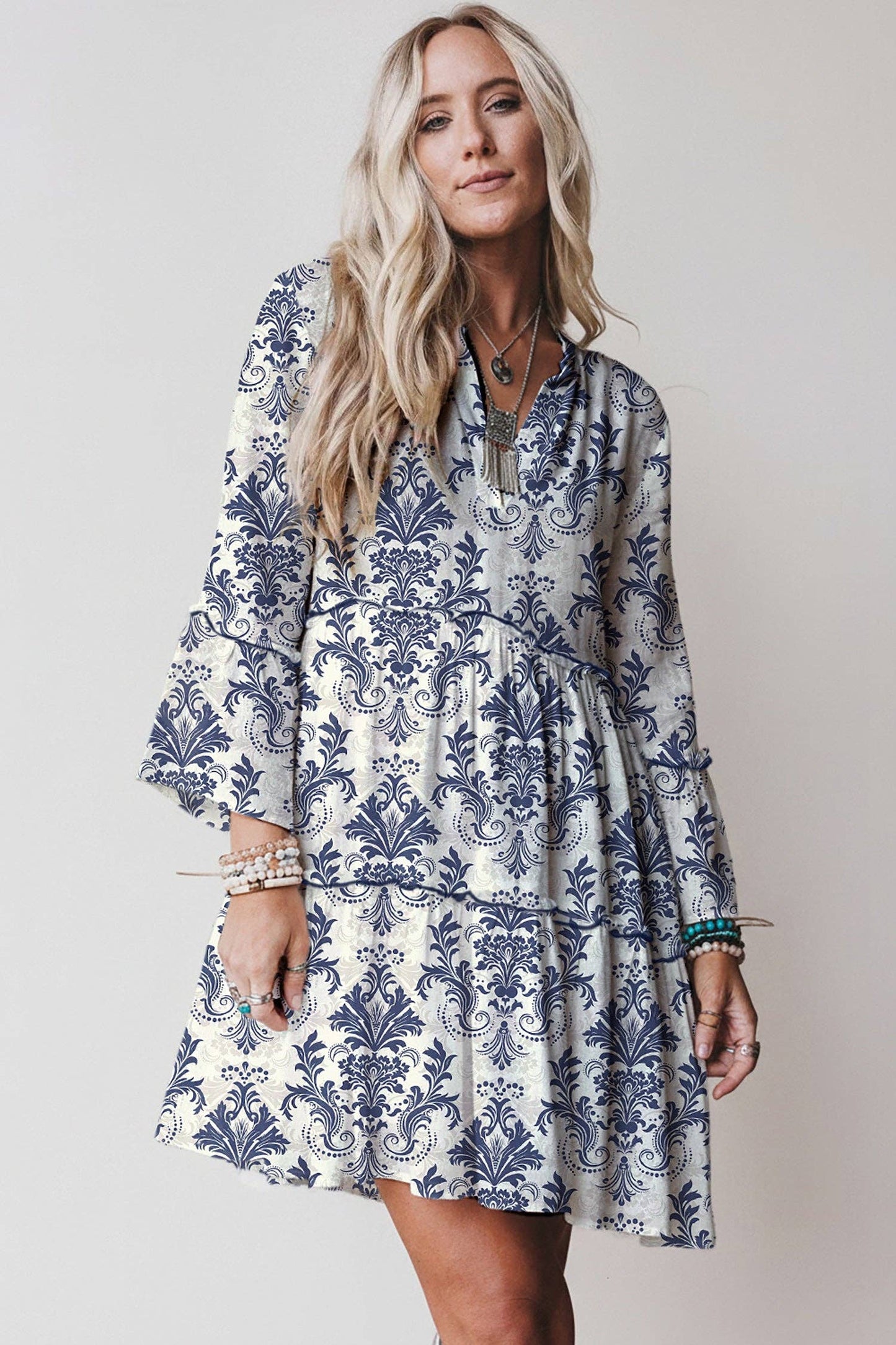 Sky Blue Boho Floral Print Lettuce Trim 3/4 Sleeve Mini Dress: Blue / 100%Viscose / 2XL
