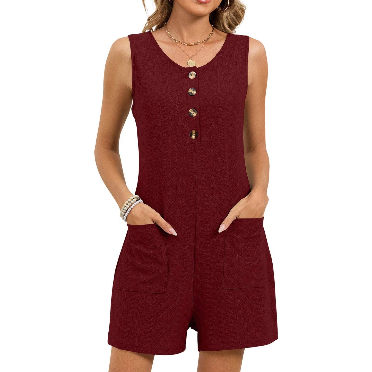 Solid Button Front Sleeveless Romper with Pockets: Black / 65%Rayon30%Polyester5%Spandex / 2XL