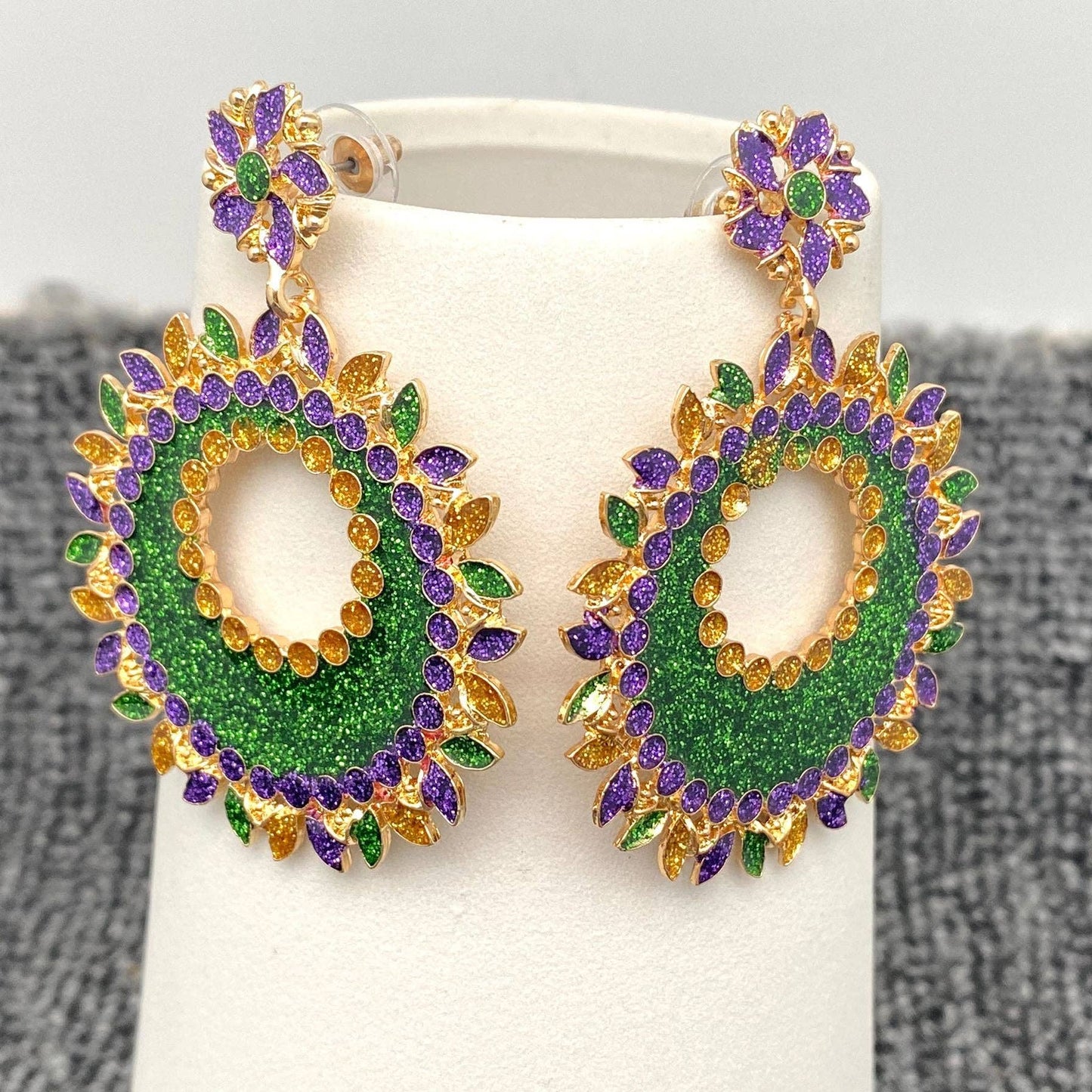 Purple Rhinestone Green Enamel Hollow Flower Post Earrings