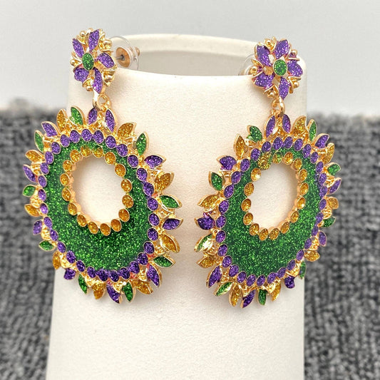 Purple Rhinestone Green Enamel Hollow Flower Post Earrings