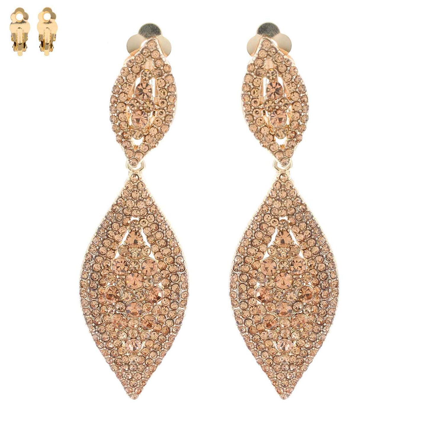 Leaf Shaped Rhinestone & Pearl CLIP ON Earrings