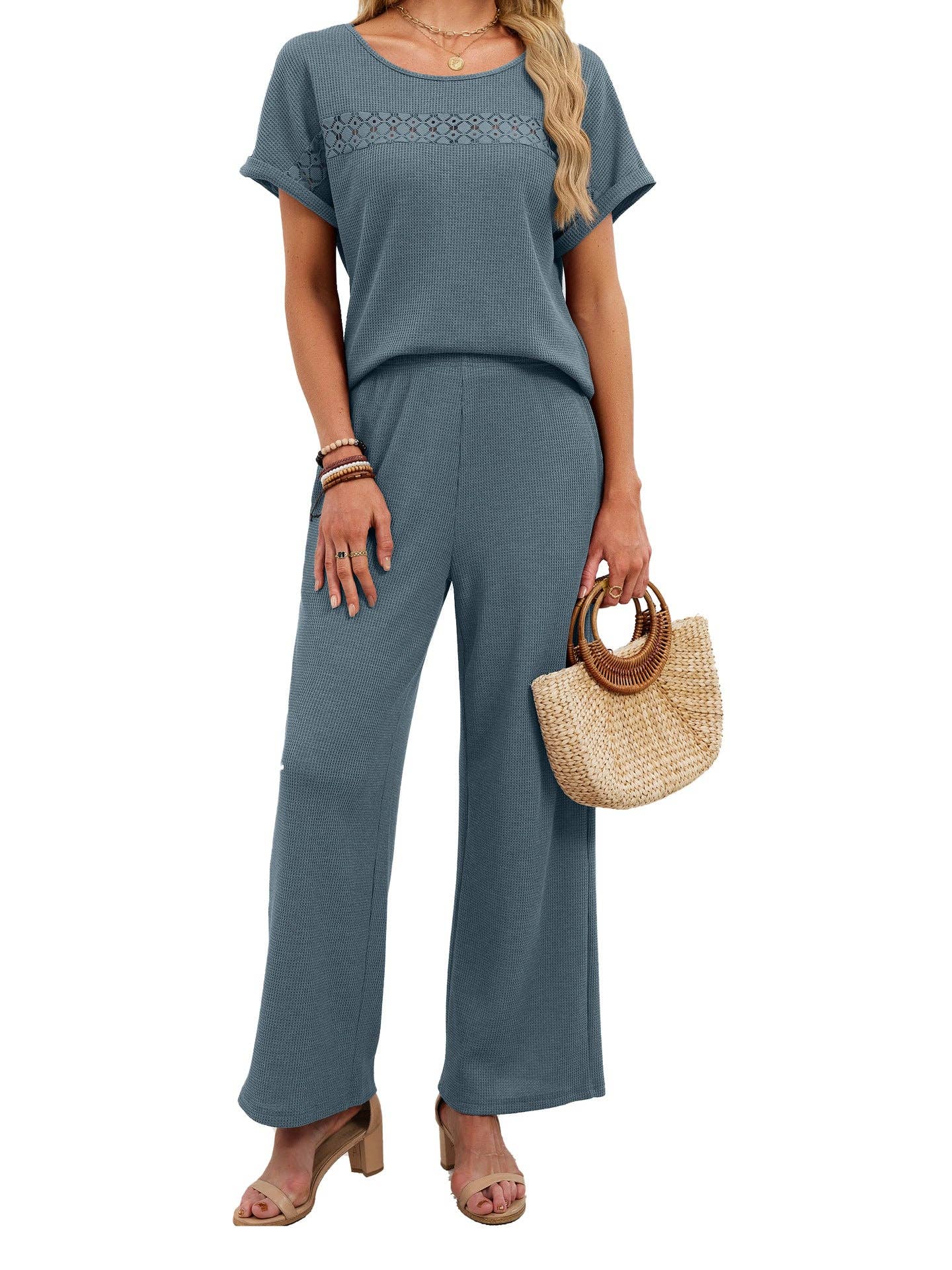 Lace Detail Short Sleeve Top and Wide Leg Pants Set