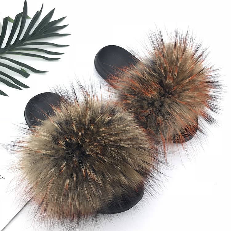 Women Long Raccoon Fur Slides With Color Hair Tip Real Fur