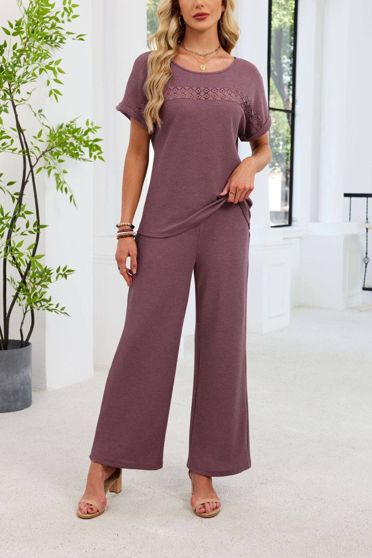 Lace Detail Short Sleeve Top and Wide Leg Pants Set