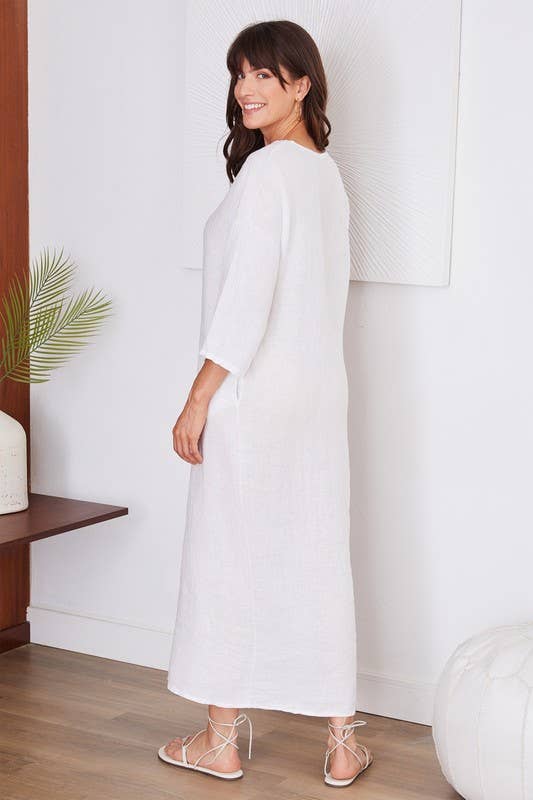 V-NECK SOLID LINEN SHORT SLEEVE LONG DRESS (17-11)