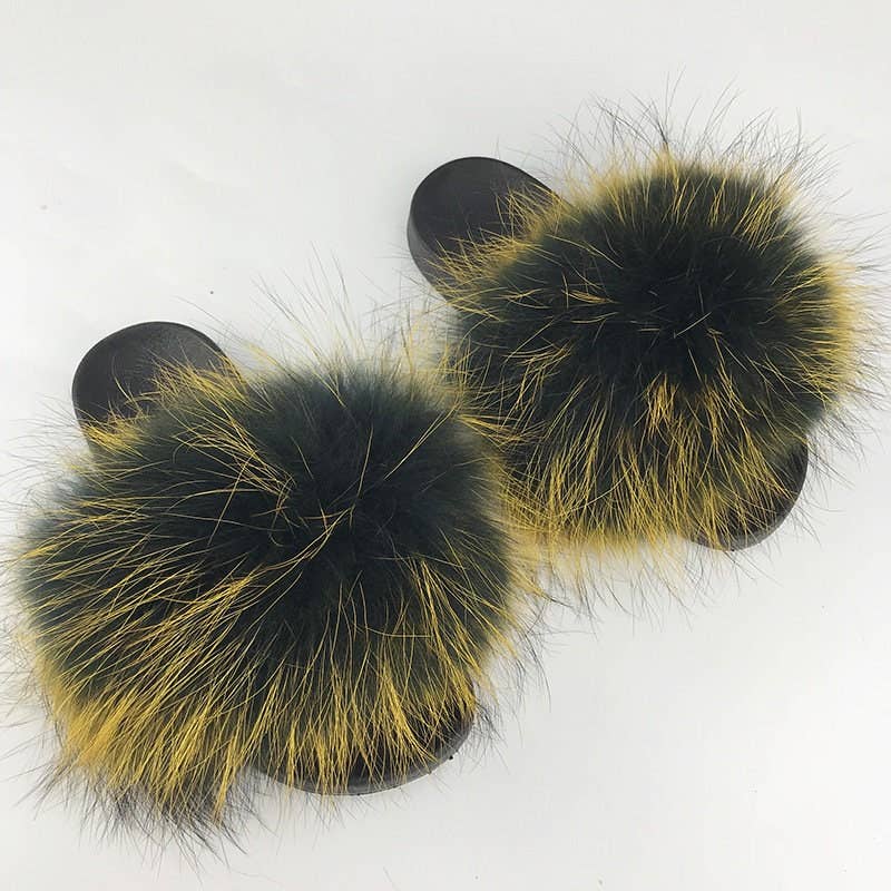 Women Long Raccoon Fur Slides With Color Hair Tip Real Fur
