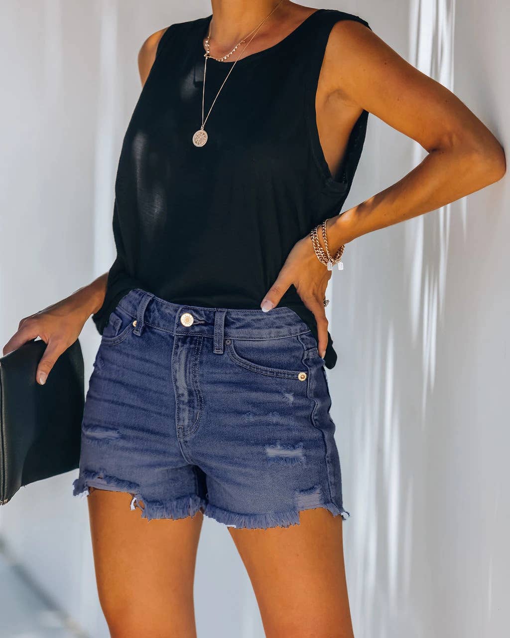 High-Waisted Ripped Stretch Denim Shorts for Summer: Dark Blue / 73%Cotton/14%Rayon/11% Polyester/2%spandex / XXL