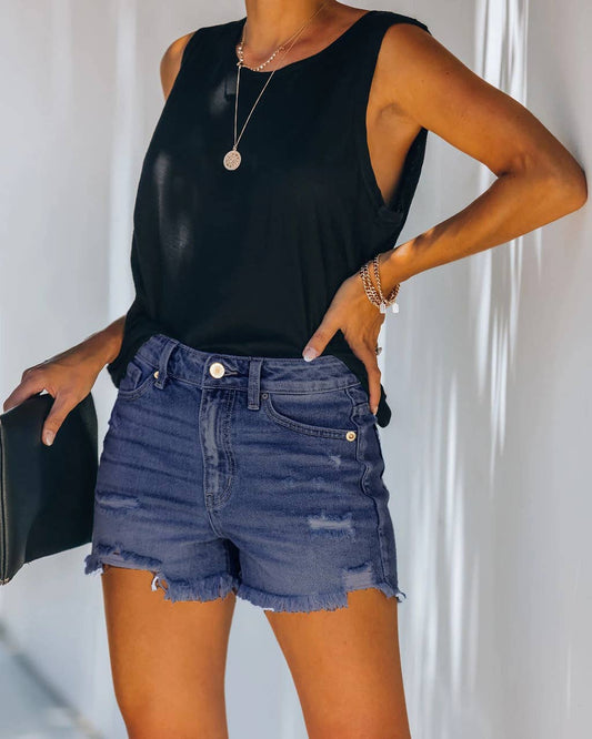 High-Waisted Ripped Stretch Denim Shorts for Summer: Dark Blue / 73%Cotton/14%Rayon/11% Polyester/2%spandex / XXL