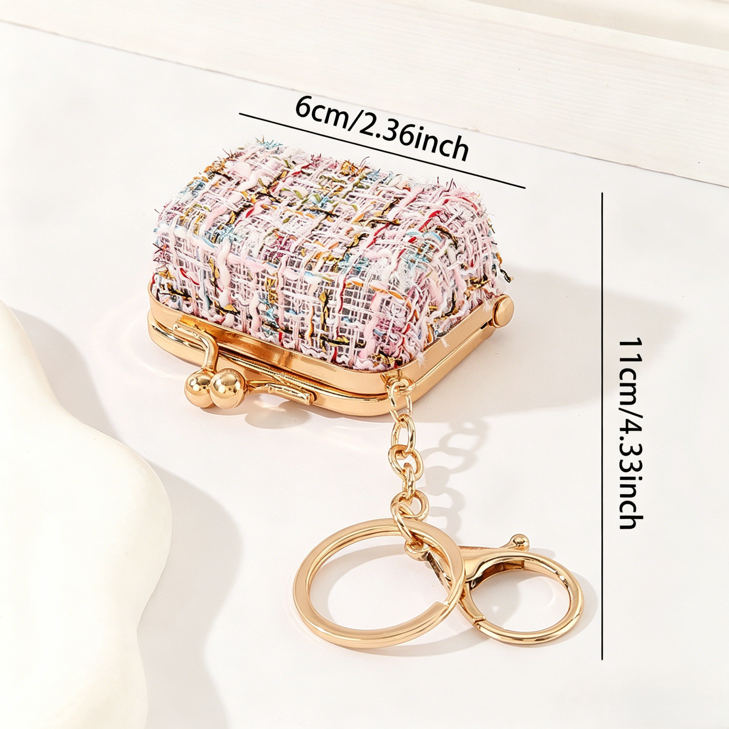 Tweed Kiss Lock Mini Coin Purse Keychain Bag Charm Accessory