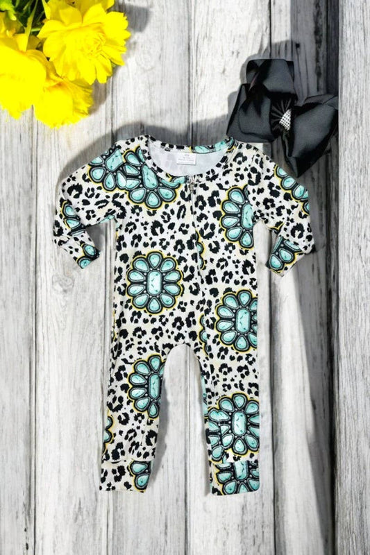 Leopard & jewel printed long sleeve baby romepr w/zipper: 6/12MONTHS