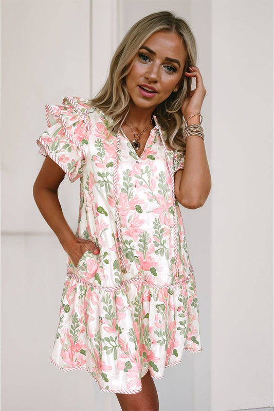 Pink Floral Contrast Edge Layered Short Sleeve Mini Dress: Pink / 100%Polyester