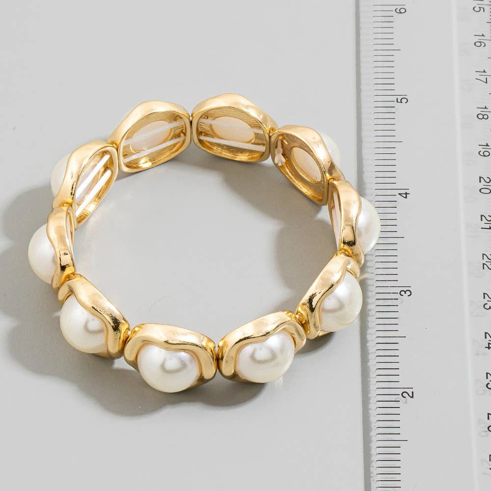 Gold Round Pearl Cabochon Stretch Bracelet
