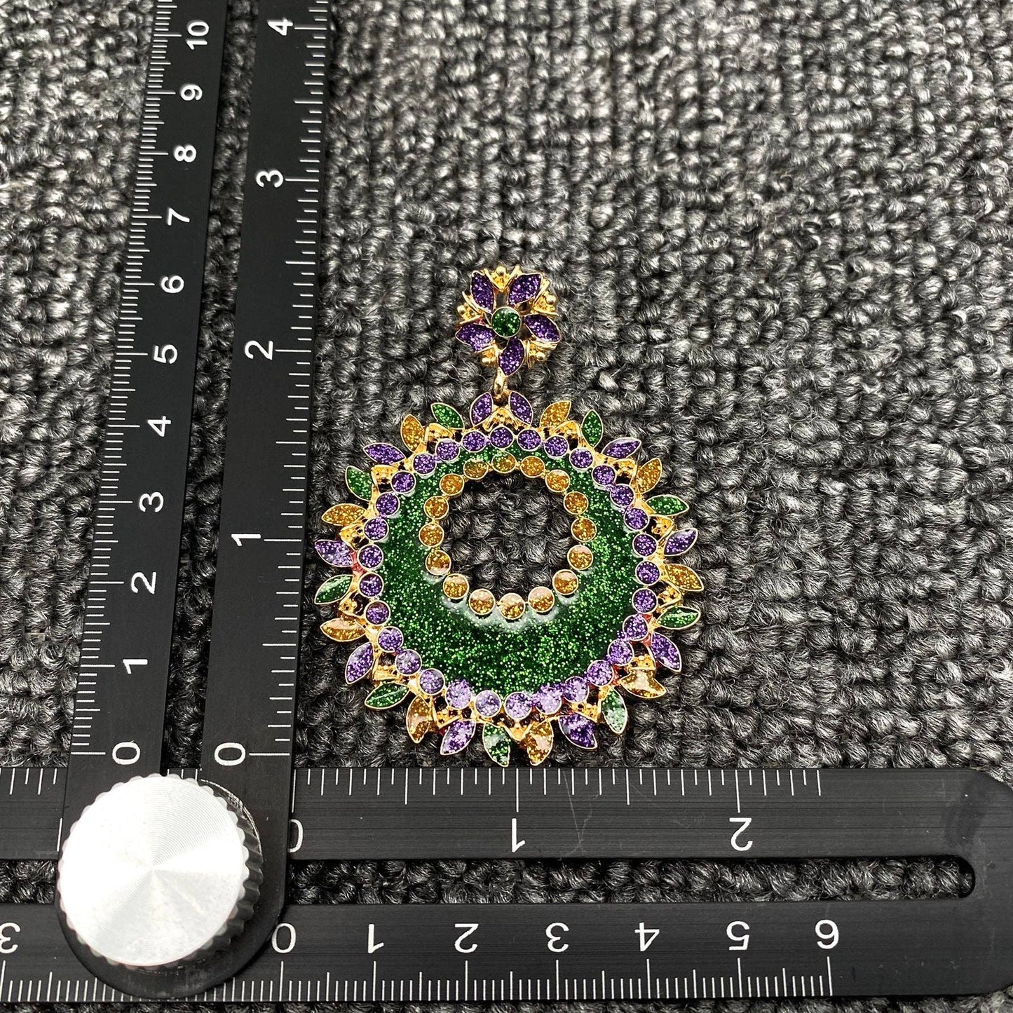 Purple Rhinestone Green Enamel Hollow Flower Post Earrings
