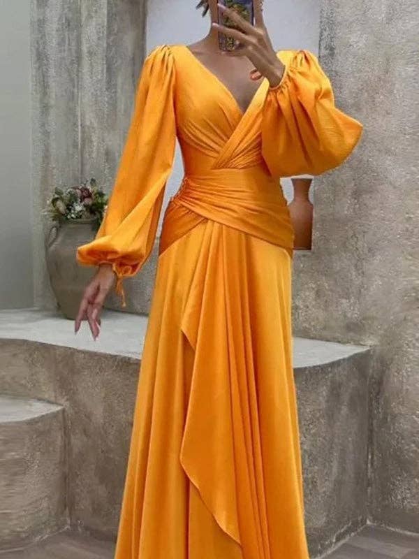 Look-Thin Pleated Solid Color V-Cut Long Sleeves Maxi Dresses