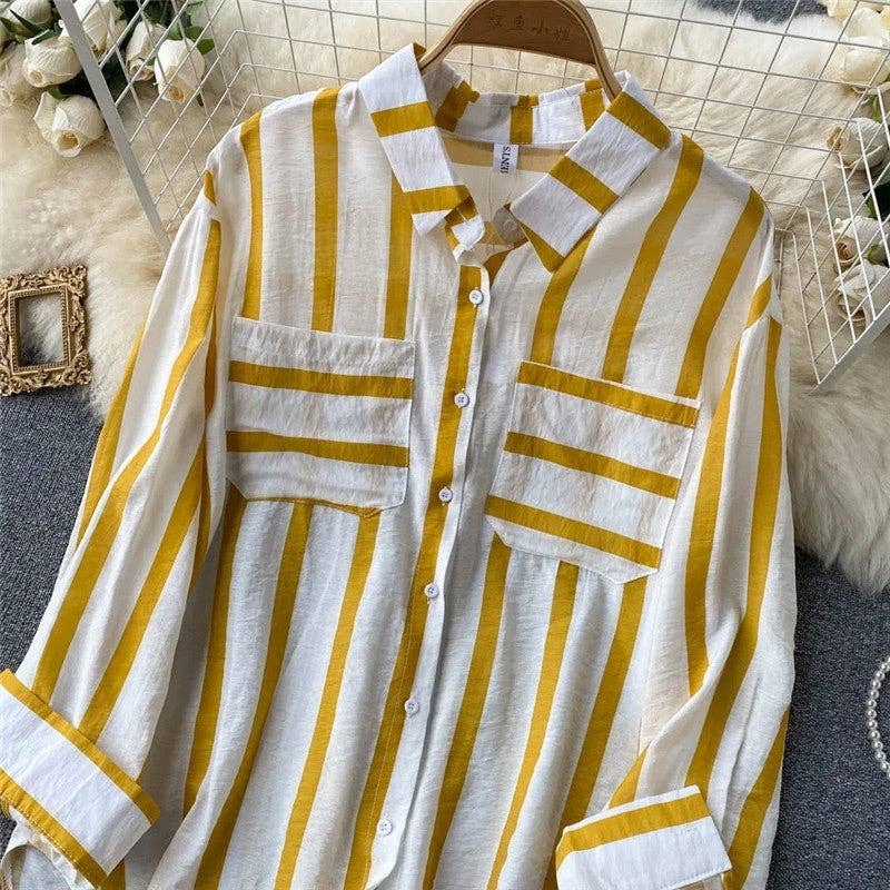 Casual Loose Blouse with Striped Lapel and Contrast Color Detail