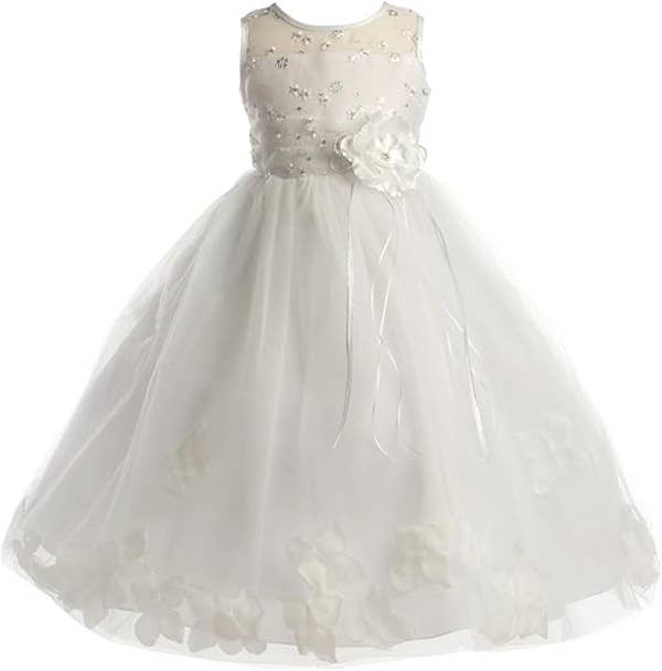 Girls Embroided Flower Girl Dress with Floating Petals : White / 6