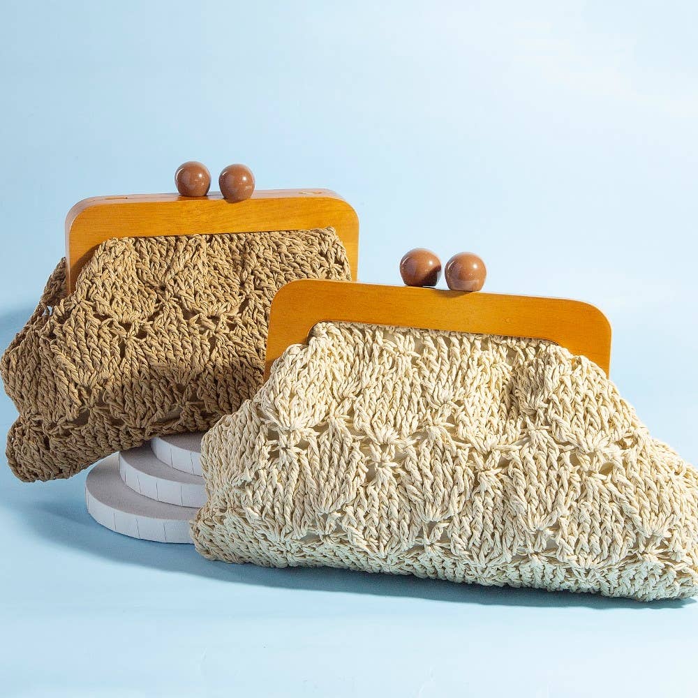 Straw Braided Wooden Frame Clutch Bag