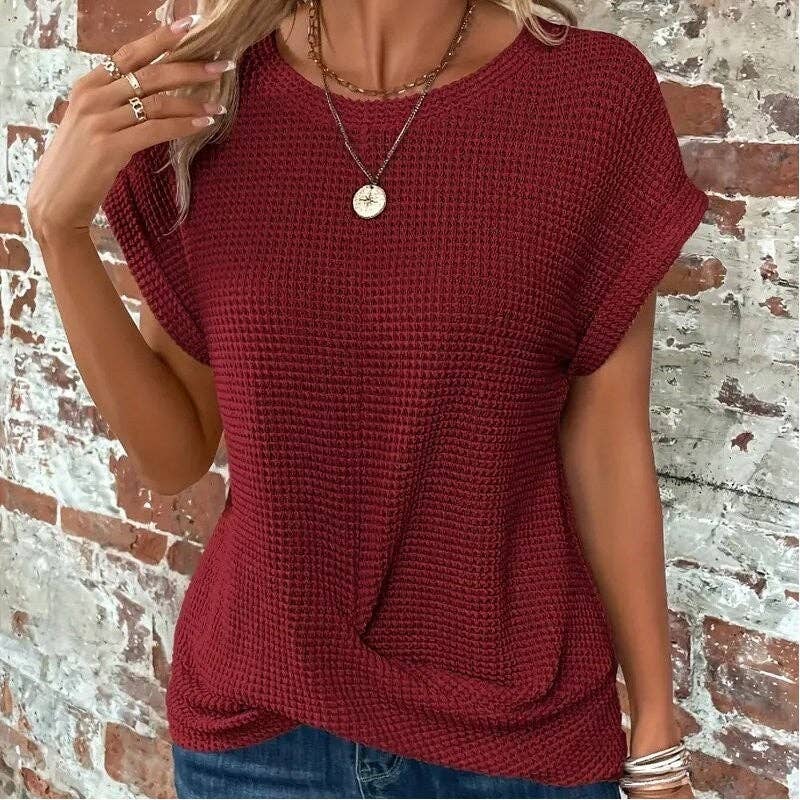 Solid Color Round Neck Twist Short Sleeve T-Shirt: BLACK / L