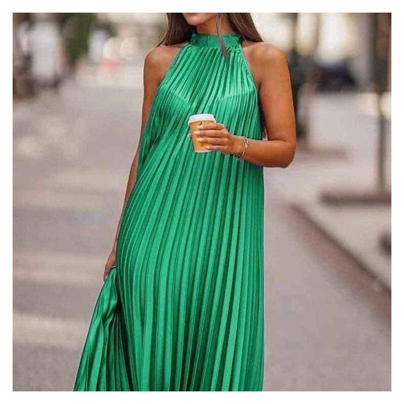 Color Block Pleated Halterneck Sleeveless Casual Dress