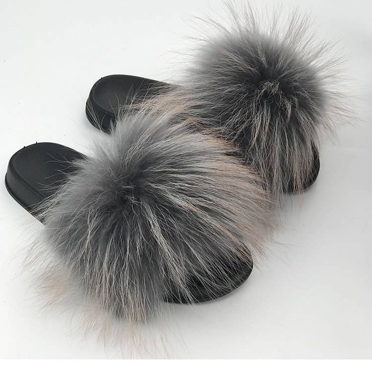 Women Long Raccoon Fur Slides With Color Hair Tip Real Fur