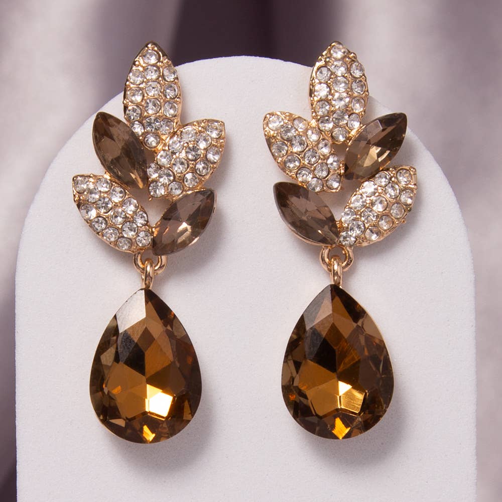 2-Tier Crystal Rhinestone Leaf Accent Dangle Earrings