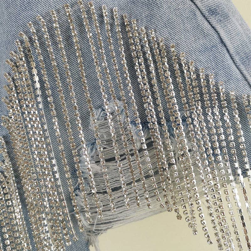 Rhinestone Fringe Denim Shorts High Waist Festival