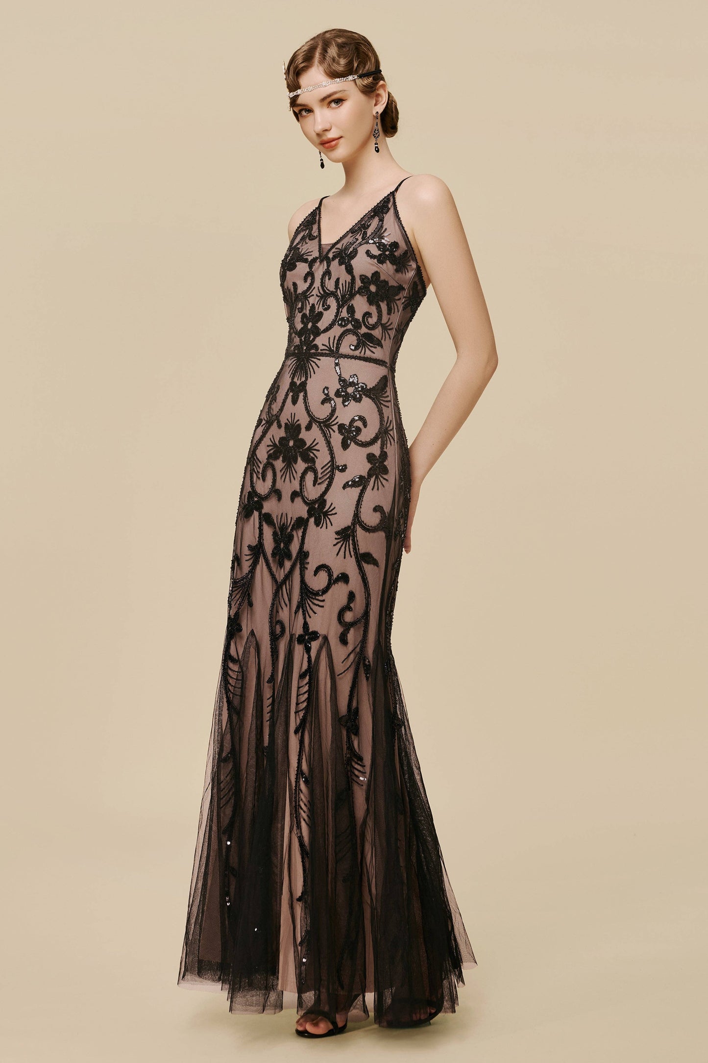 Nude and Black Beaded Mermaid Evening Gown