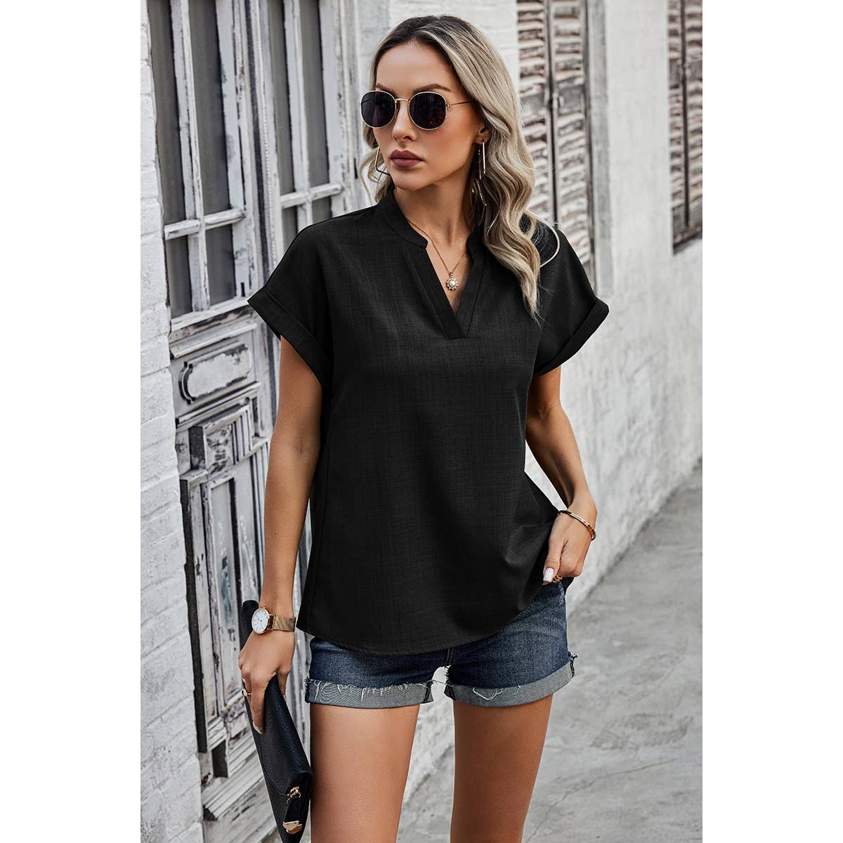 V Neck Solid Short Bat Sleeve Loose Fit Blouse