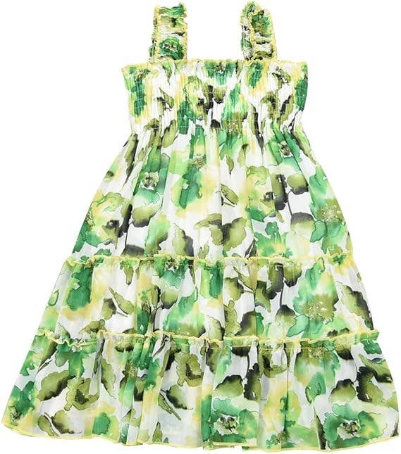 Girls Floral Print Chiffon Shoulder Strap Ruffled Midi-Dress: 3783-15-11 / 7-8T