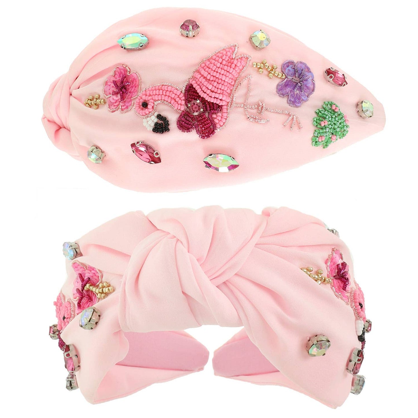 Pink Flamingo Crystal Sequins Bead Top Knotted Headband
