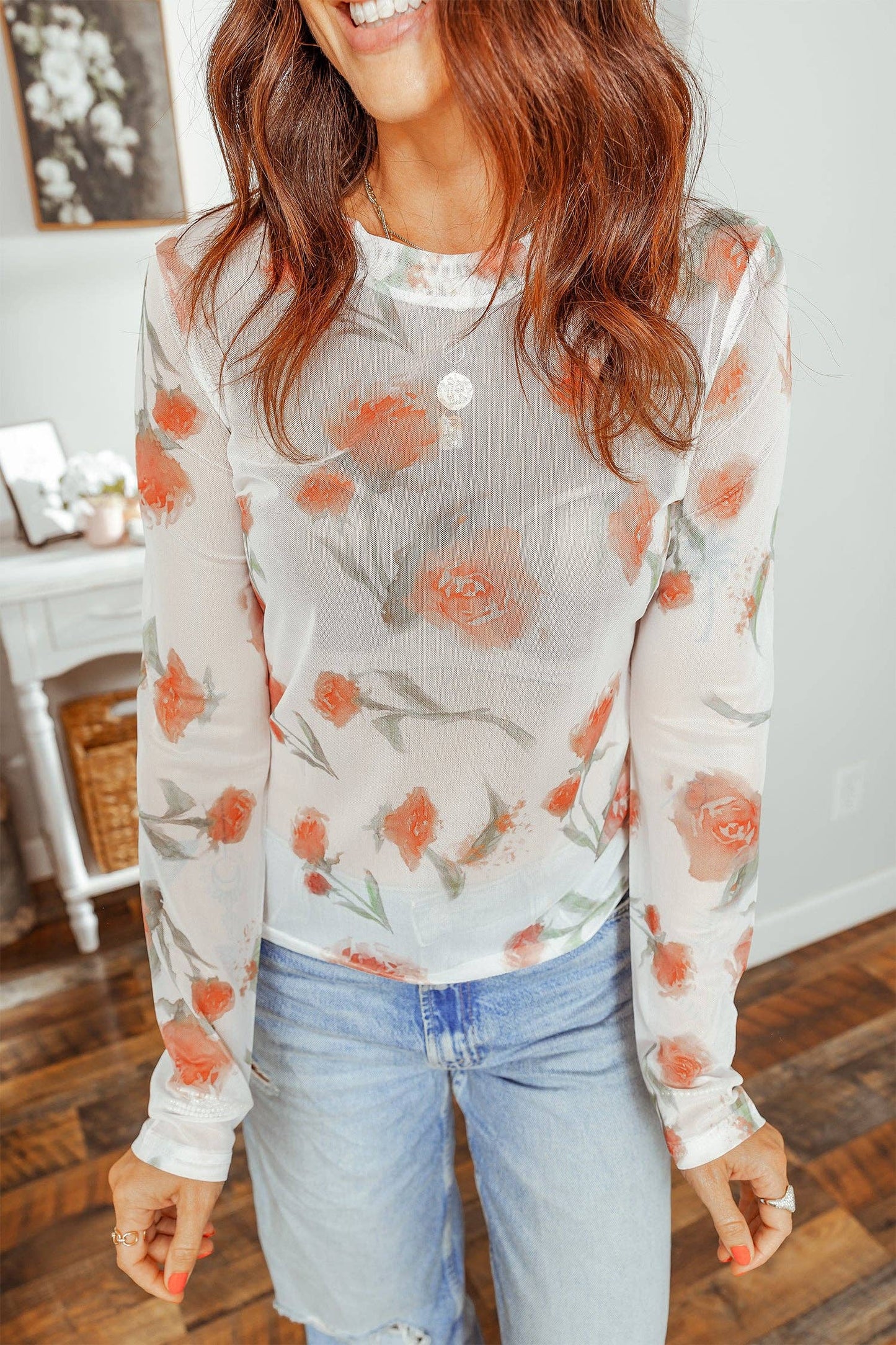 Casual Round Neck Floral Print Mesh Long Sleeve Top: Red / 95%Polyester+5%Elastane