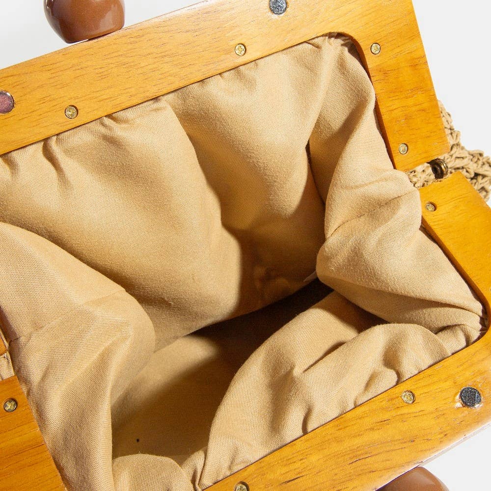 Straw Braided Wooden Frame Clutch Bag
