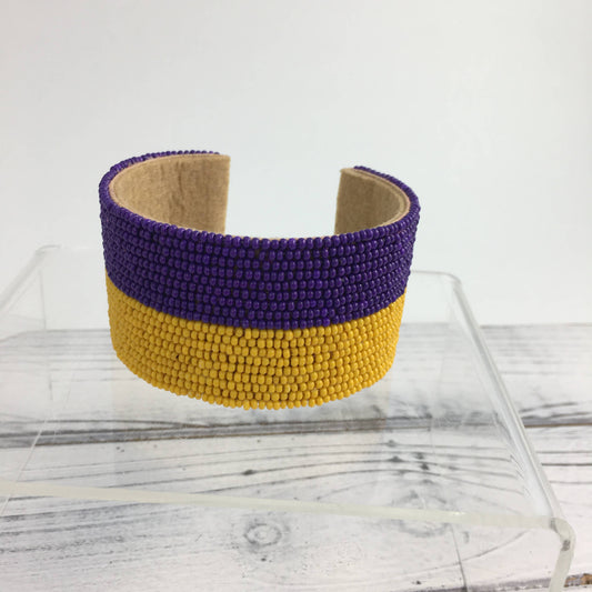 Purple and gold beaded cuff bracelet