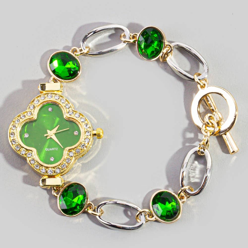Green Clover Cz Toggle Chain Bracelet Watch