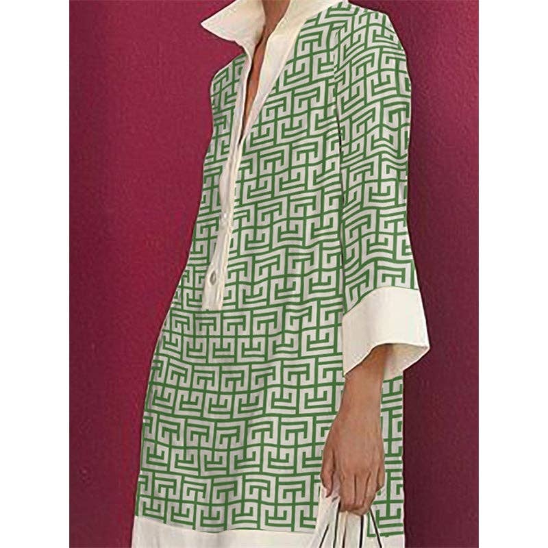 Long Sleeves Three-Quarter Sleeves Buttoned Printed Lapel Mini Dresses: GREEN