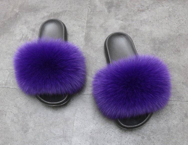 Real Fox Fur Slides Women Puffy Candy Color Fur Slippers