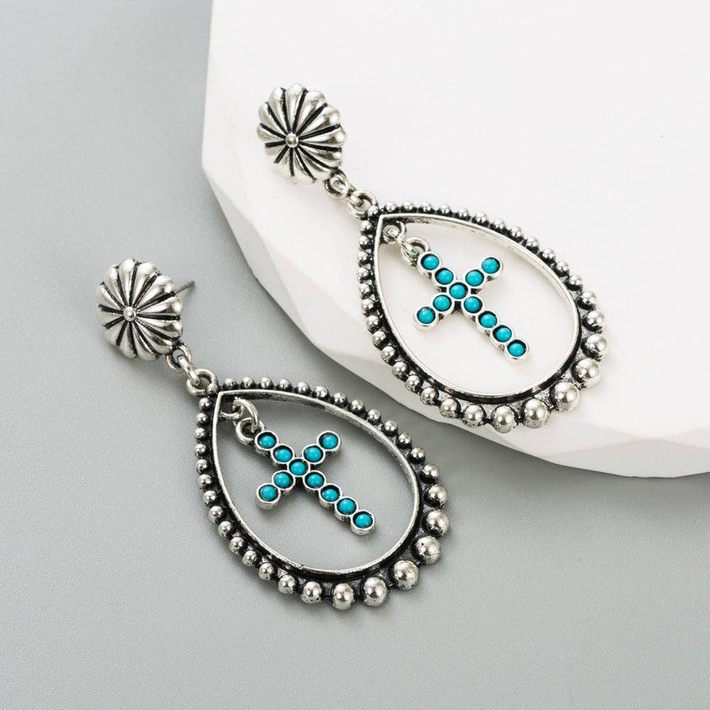 Trendy Heart and Cross Hollow Dangle Earrings with Turquoise