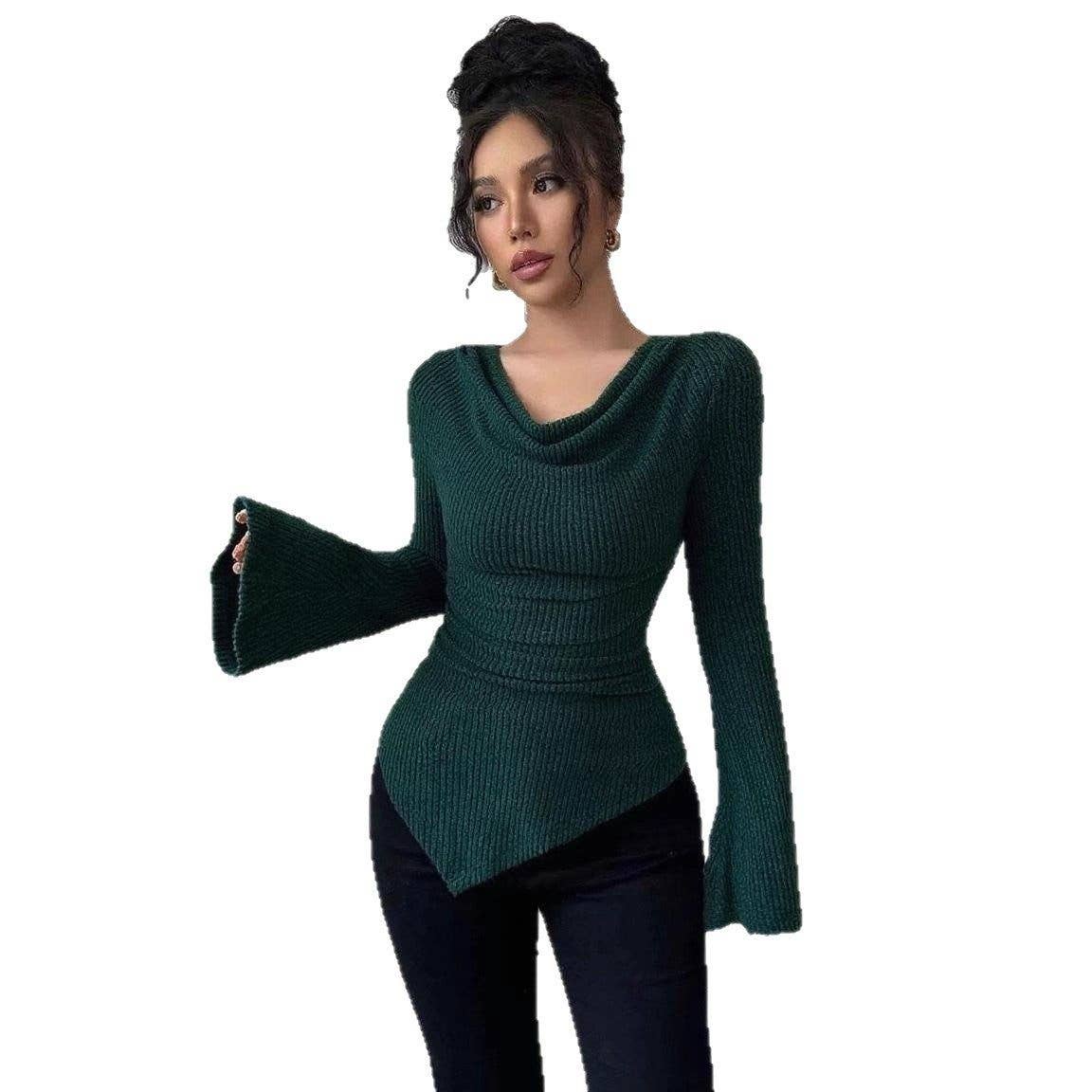Solid Color Striped Slim Fit Knit Long Sleeve Shirt: BLACK
