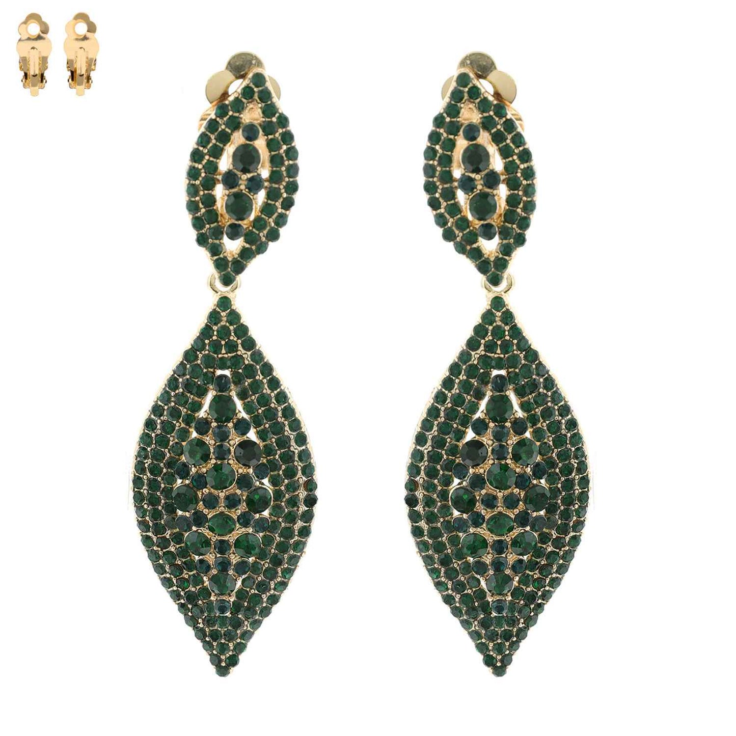Leaf Shaped Rhinestone & Pearl CLIP ON Earrings