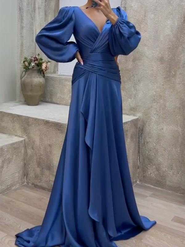 Look-Thin Pleated Solid Color V-Cut Long Sleeves Maxi Dresses