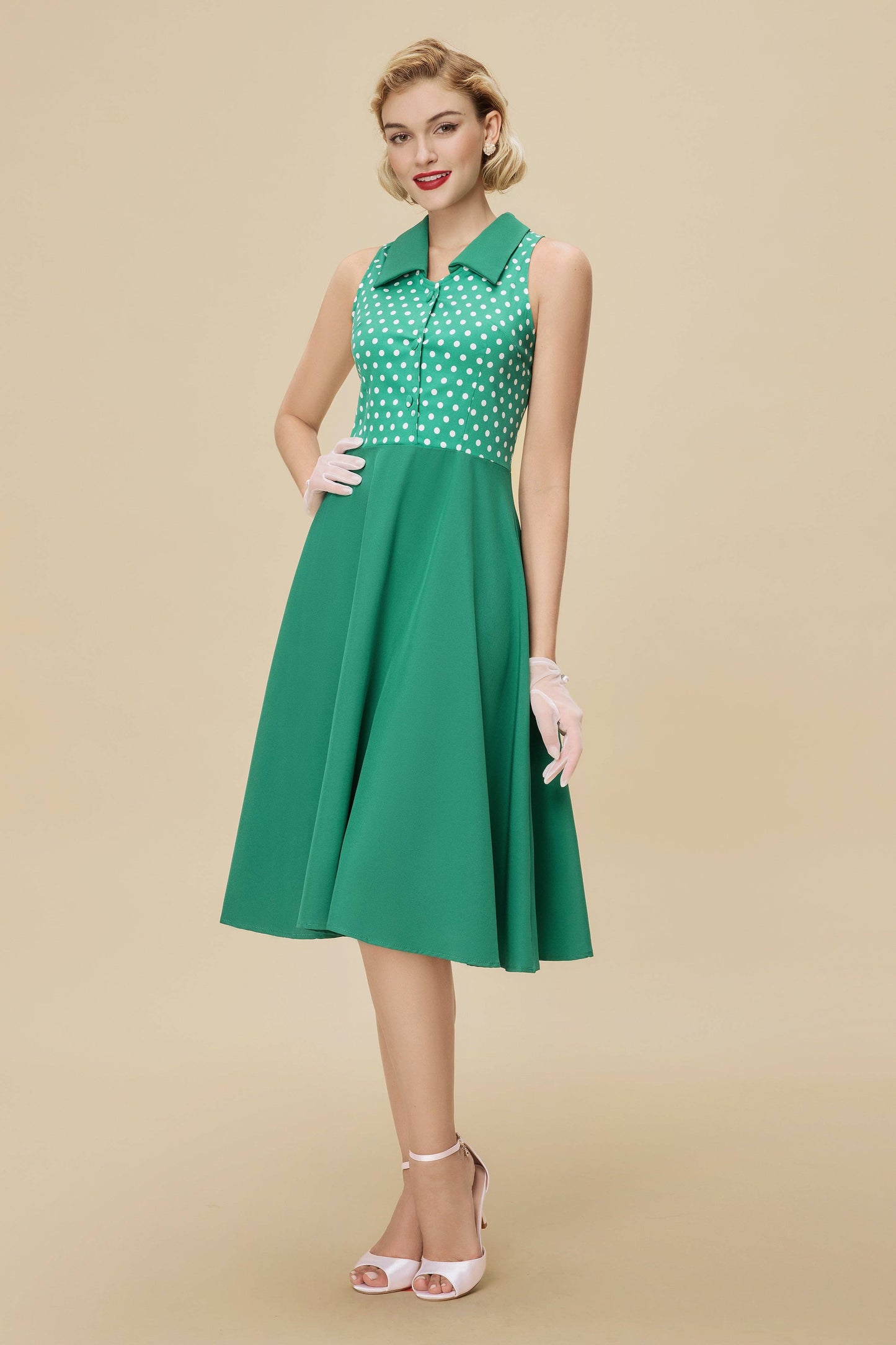 Polka Dot Bodice Sleeveless Retro Swing Dress