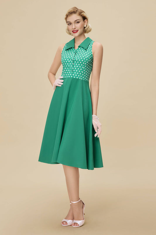 Polka Dot Bodice Sleeveless Retro Swing Dress