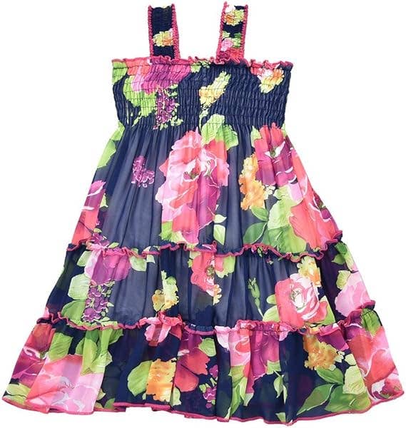 Girls Floral Print Chiffon Shoulder Strap Ruffled Midi-Dress: 3783-15-11 / 7-8T