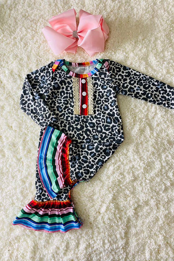 DLH1017-1  Blue leopard long sleeve baby rompers with serape: 12/18MONTHS