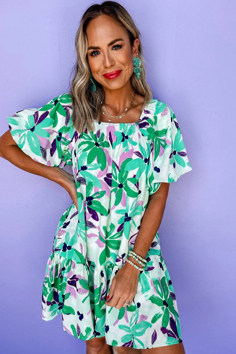 Green Floral Print Shirred Square Neck Loose Fit Mini Dress: Green / 100%Polyester / XL