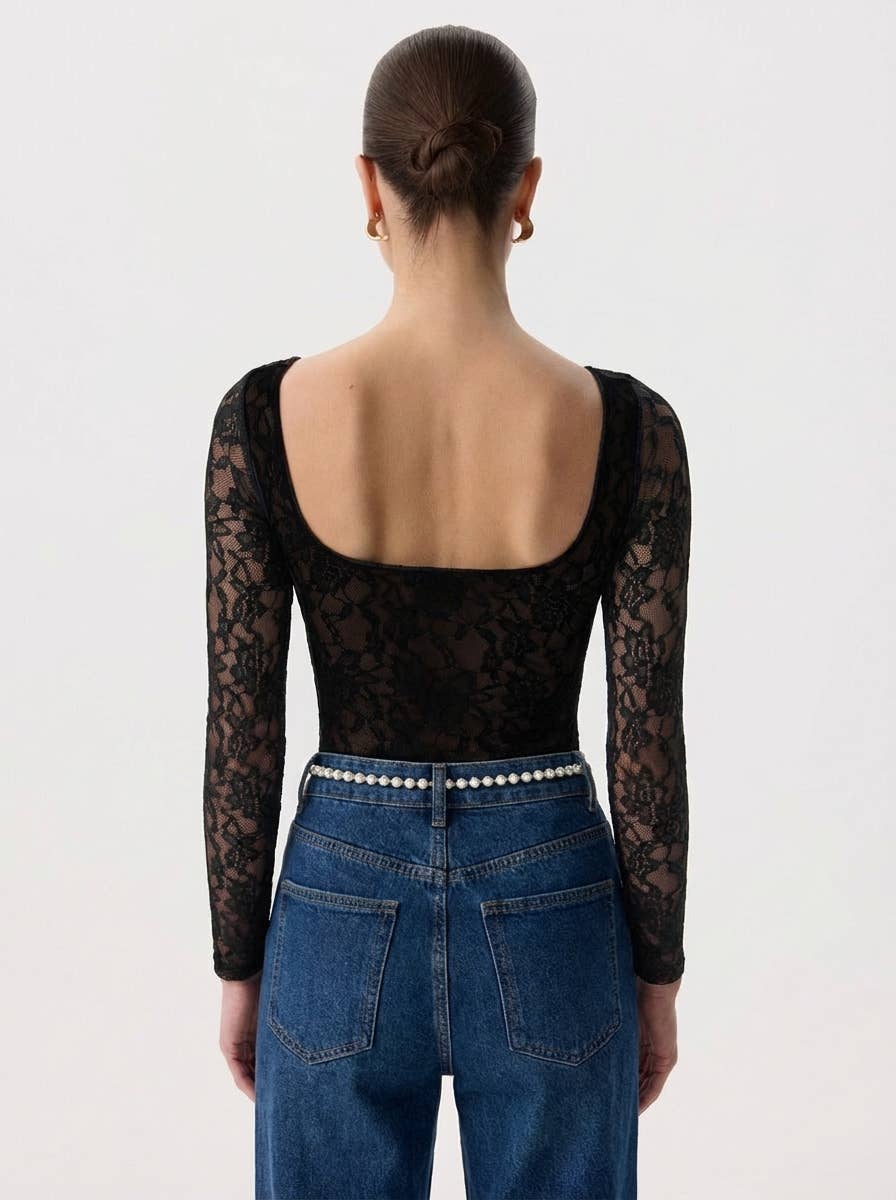 Women’s Sheer Floral Lace Long Sleeve Blouse – Fitted Scoop Neck Top