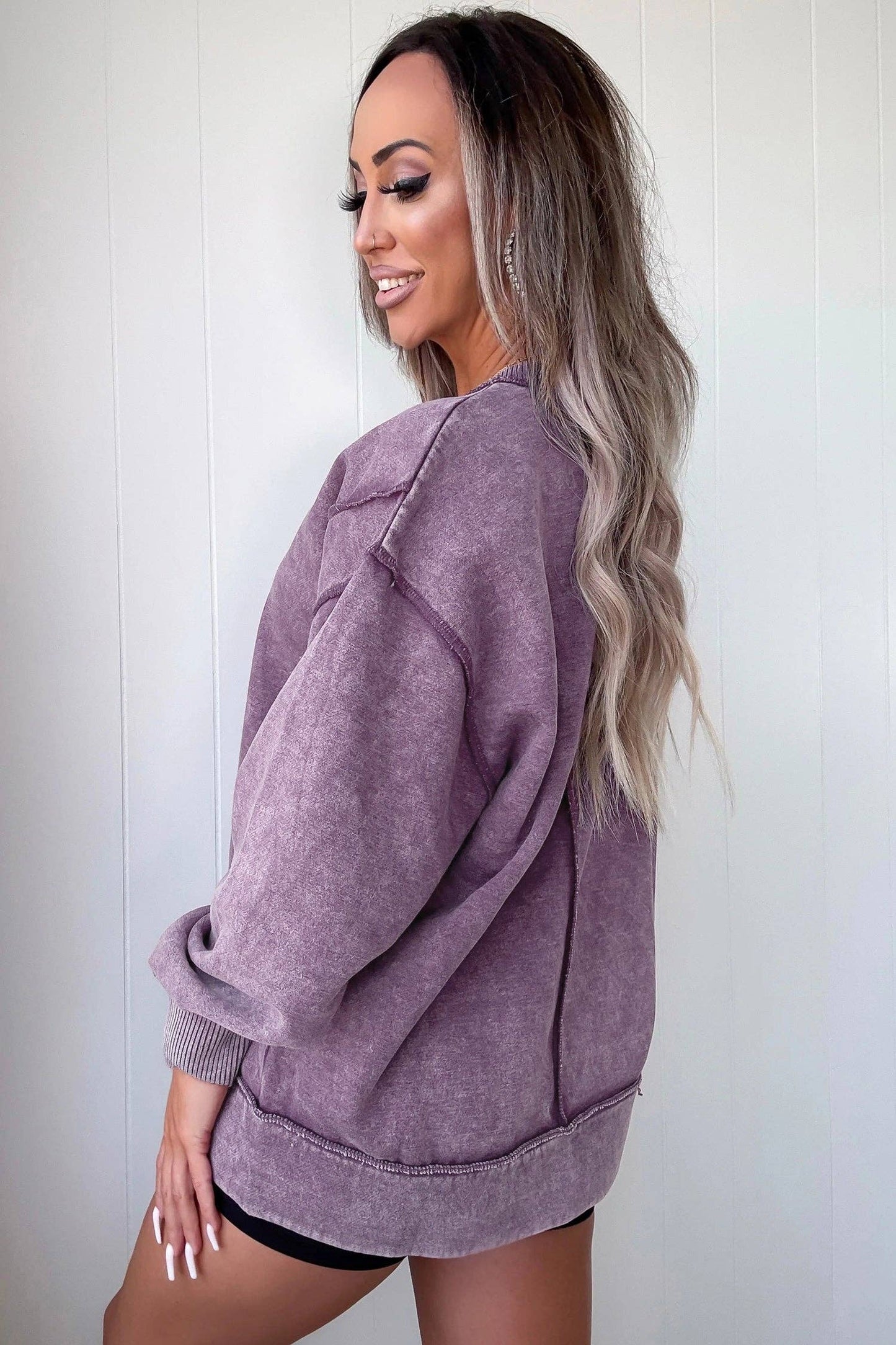 Red Sandalwood Mineral Wash Exposed Seam Side Slit Sweatshirt