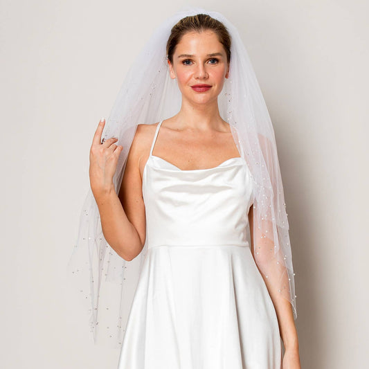 Three Layer Crystal and Pearl Hip Length Wedding Veil