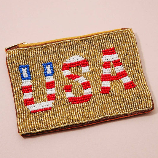 Usa Theme Golden Seed Beaded Coin Purse