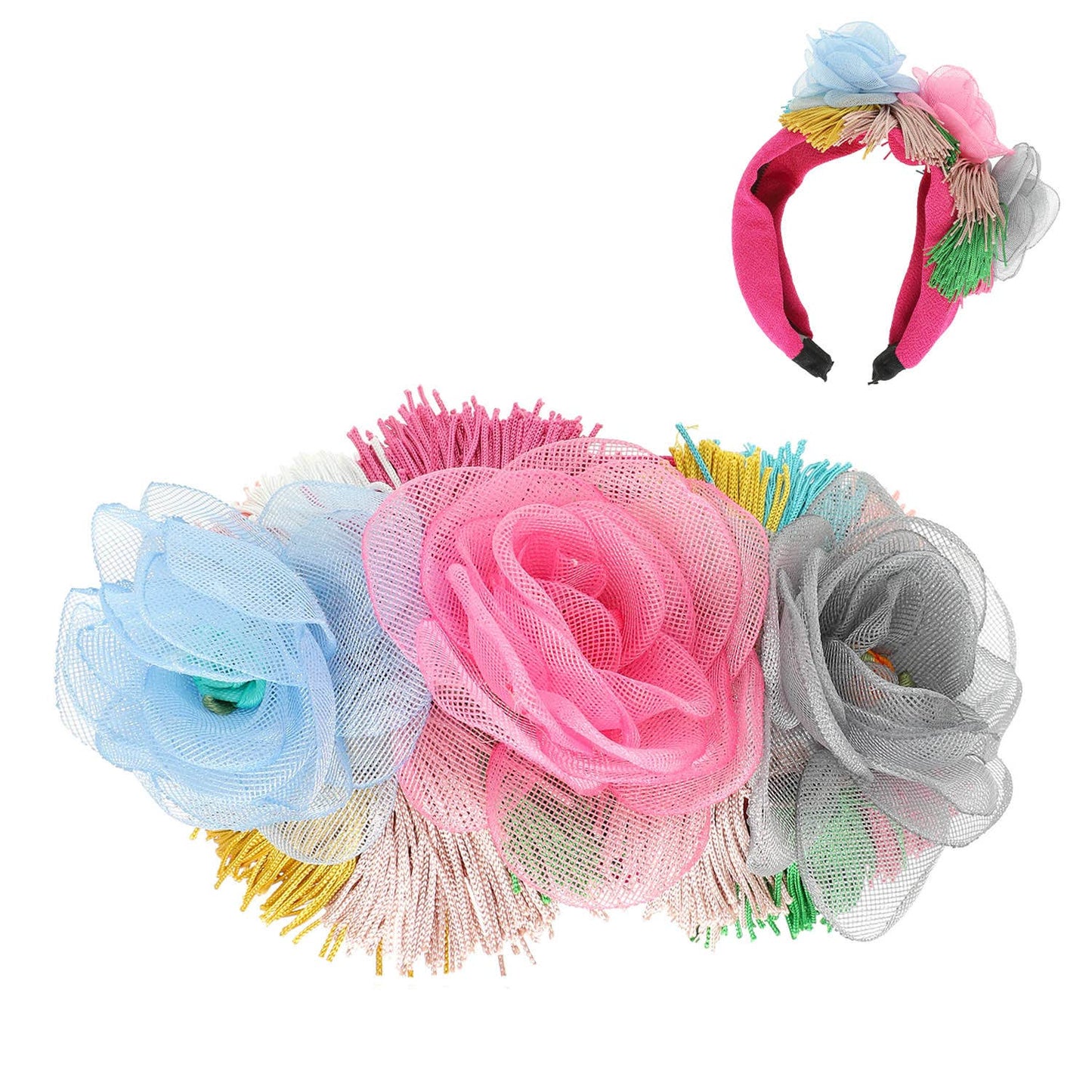 Mesh Rose Bouquet Headband with Tassel Fringe